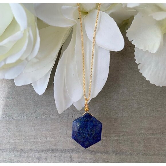 NWT Lapis Lazuli Hexagon Pendant Necklace 14K Gold Plated Genuine 18” - Picture 10 of 11